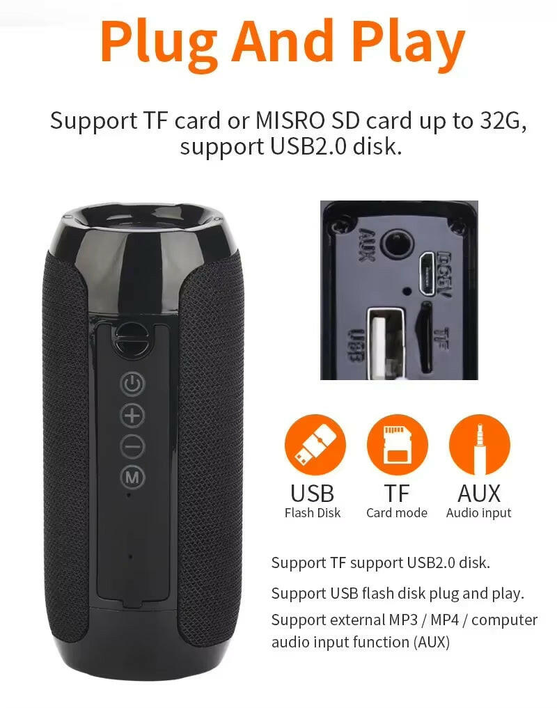 Waterproof Portable Bluetooth Speaker with Subwoofer, AUX, and FM Radio Functionality.