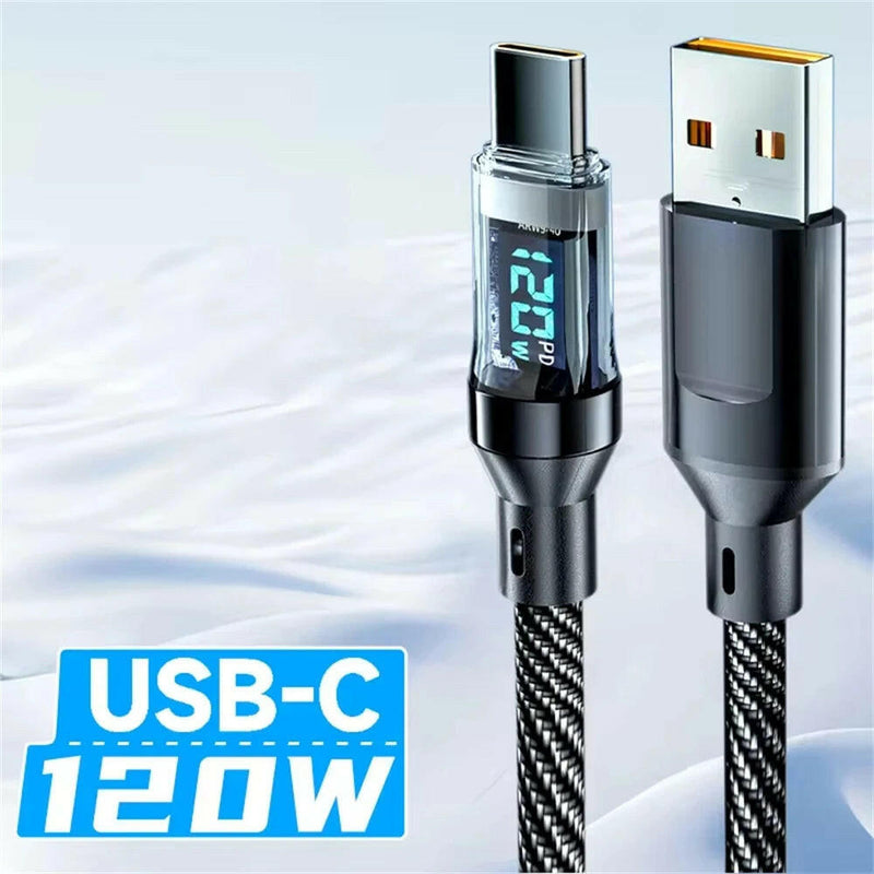 120W LED Digital Display USB Type-C Quick Charge Cable for OPPO, VIVO, and Huawei Fast Charging Data Transfer.
