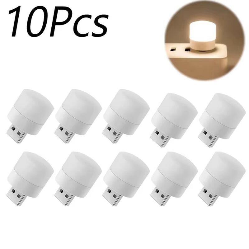 10 white USB light bulbs on a white background with an inset showing one bulb plugged into a wall socket.