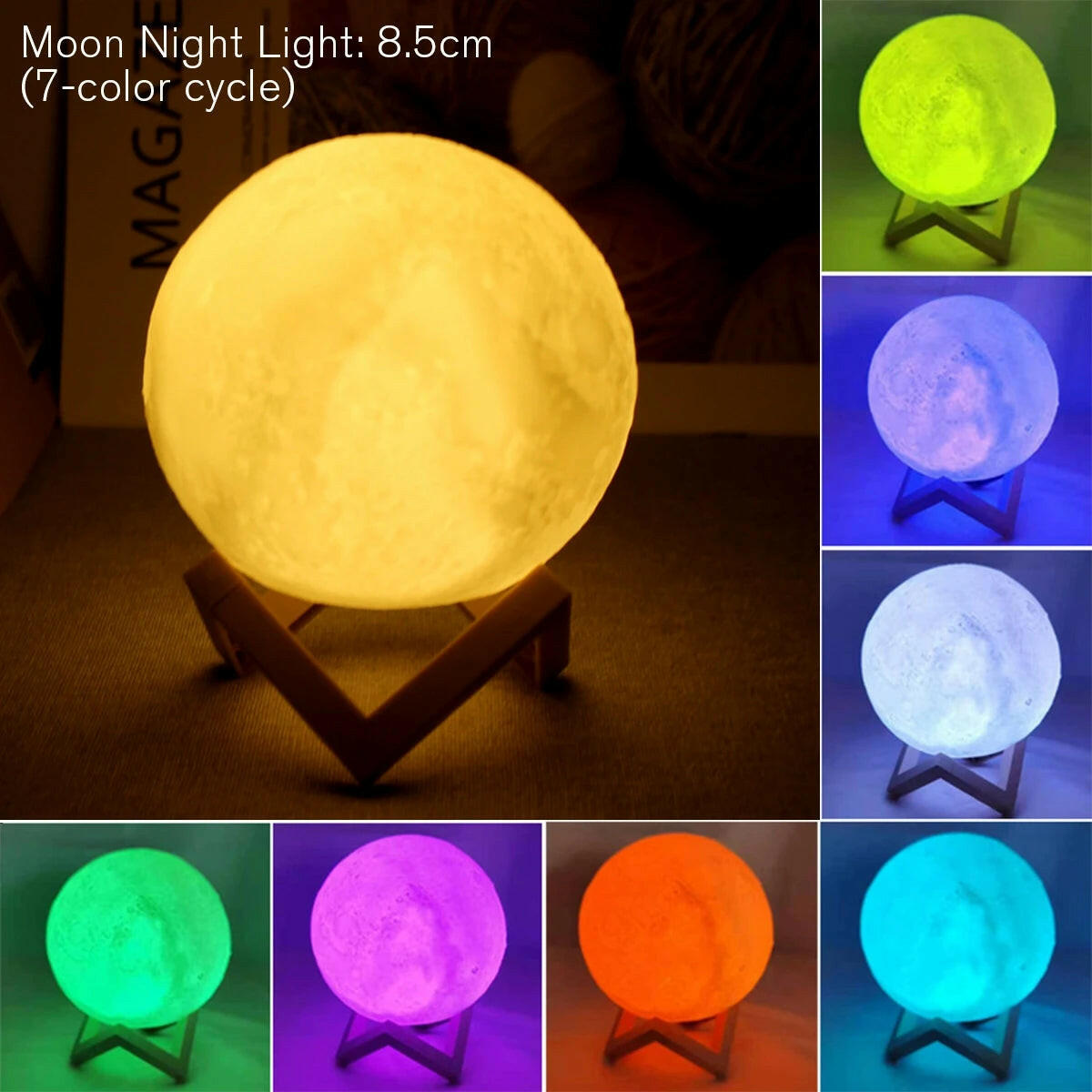 D5 8cm LED Moon Lamp with Stand - Battery Operated Starry Night Light for Bedroom Decor, Ideal Gift for Kids and Christmas.
