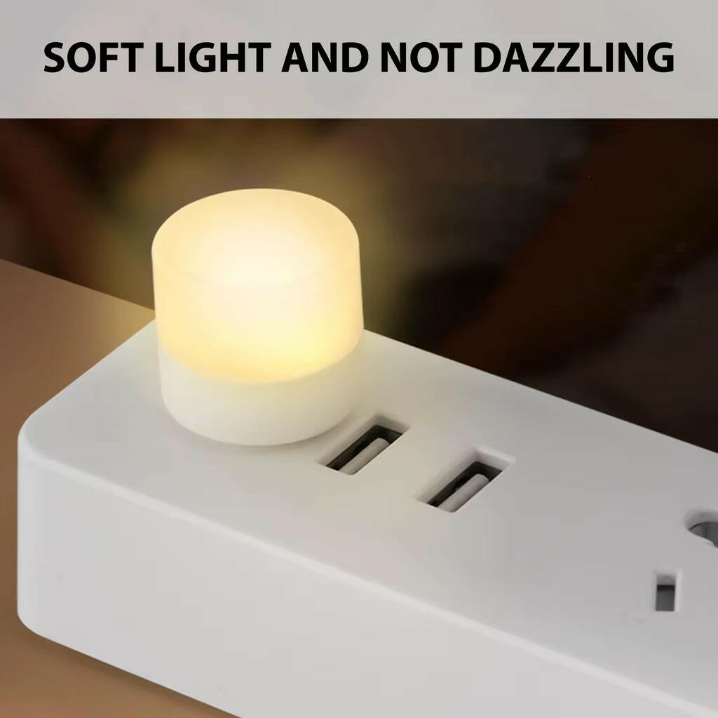 Small night light attached to a power strip with text 'SOFT LIGHT AND NOT DAZZLING' above it.
