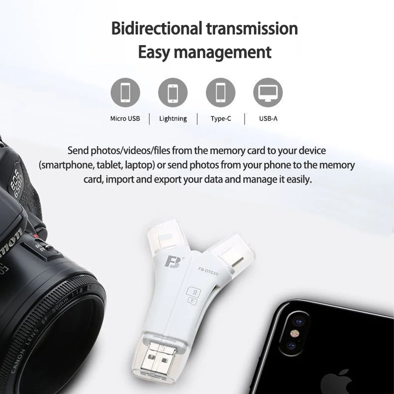 FB-OTG10 Y-Type Card Reader 4-In-1 Lightning Micro USB Type-C USB-A Port Supports TF SD Card for Data and Photo Transmission.