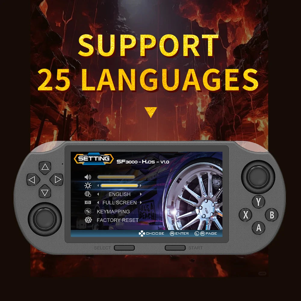 SF3000 Portable Handheld Game Console with 4.5-Inch IPS Screen and Over 20,000 Built-In Retro Games for PS1, GBA, SFC, and MAME.