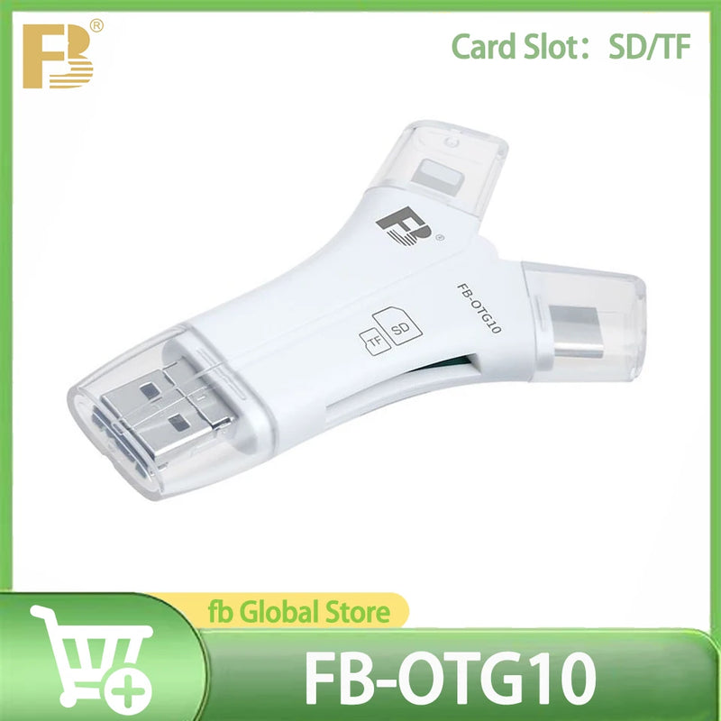 FB-OTG10 Y-Type Card Reader 4-In-1 Lightning Micro USB Type-C USB-A Port Supports TF SD Card for Data and Photo Transmission.