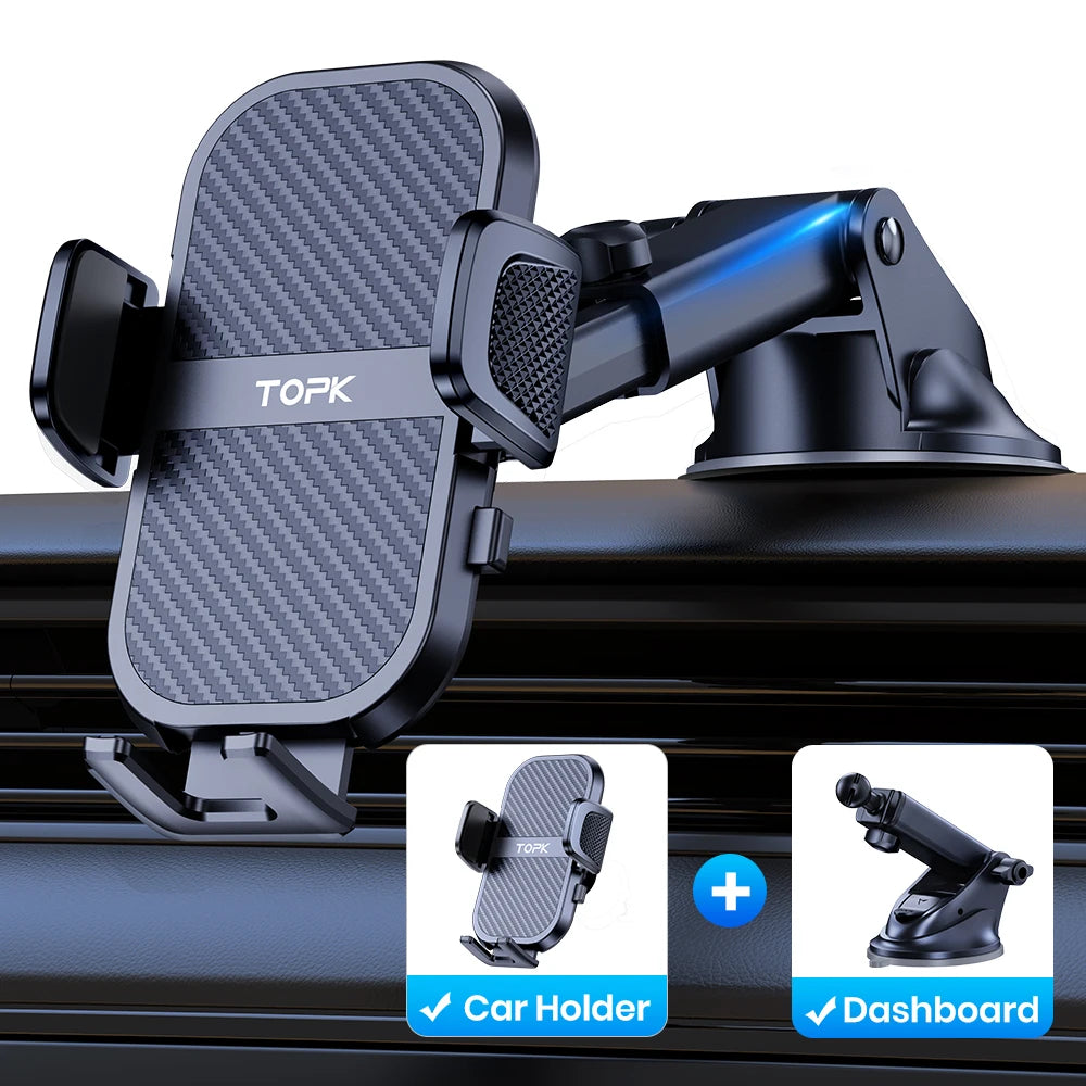 TOPK Premium Automotive Smartphone Mount - Ultra-Stable Holder for Dashboard, Windscreen, and Air Vent Compatibility with All Smartphones.