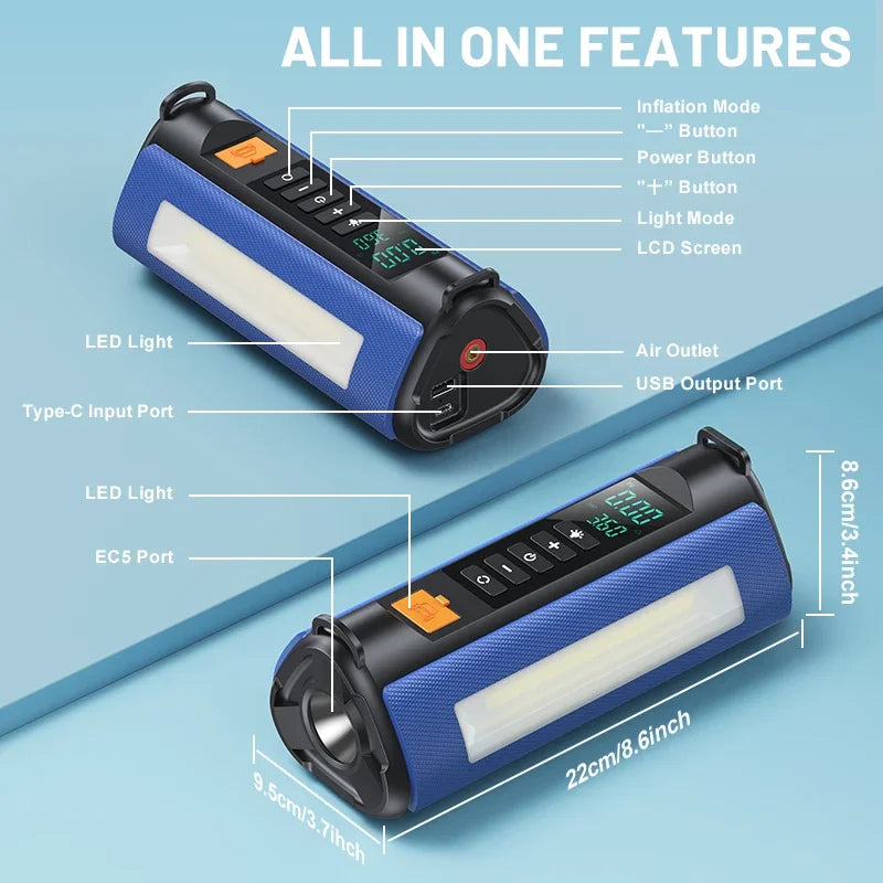 BUVAYE 2000A Professional Car Battery Jump Starter with Built-in 150PSI Air Pump and USB Power Bank for 12V Vehicles.