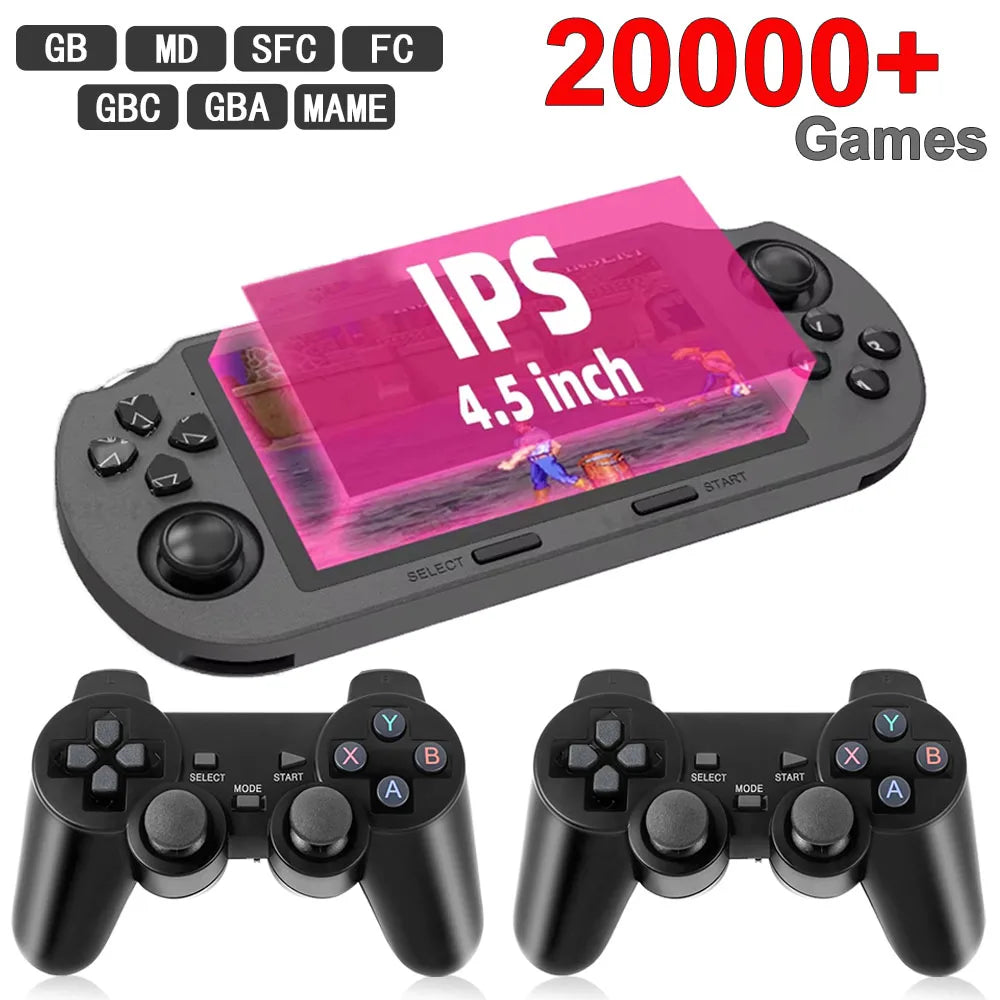 SF3000 Portable Handheld Game Console with 4.5-Inch IPS Screen and Over 20,000 Built-In Retro Games for PS1, GBA, SFC, and MAME.