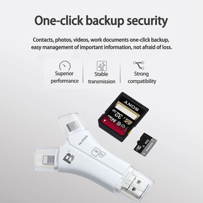 FB-OTG10 Y-Type Card Reader 4-In-1 Lightning Micro USB Type-C USB-A Port Supports TF SD Card for Data and Photo Transmission.