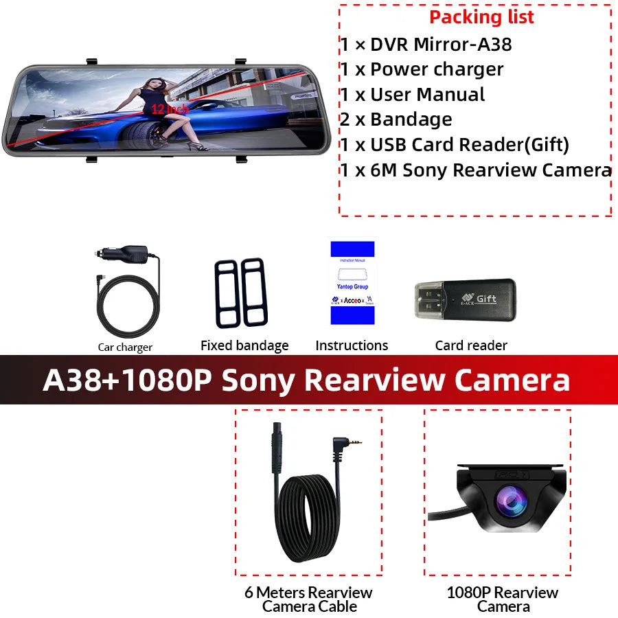 12-Inch Touch Screen Dash Cam and Rearview Camera System