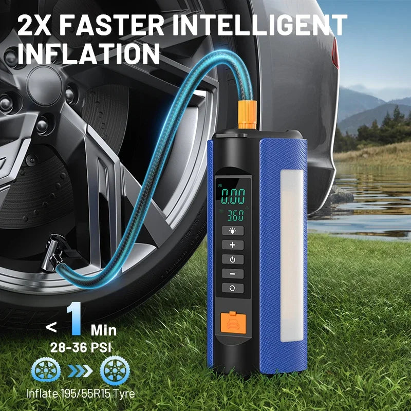 BUVAYE 2000A Professional Car Battery Jump Starter with Built-in 150PSI Air Pump and USB Power Bank for 12V Vehicles.