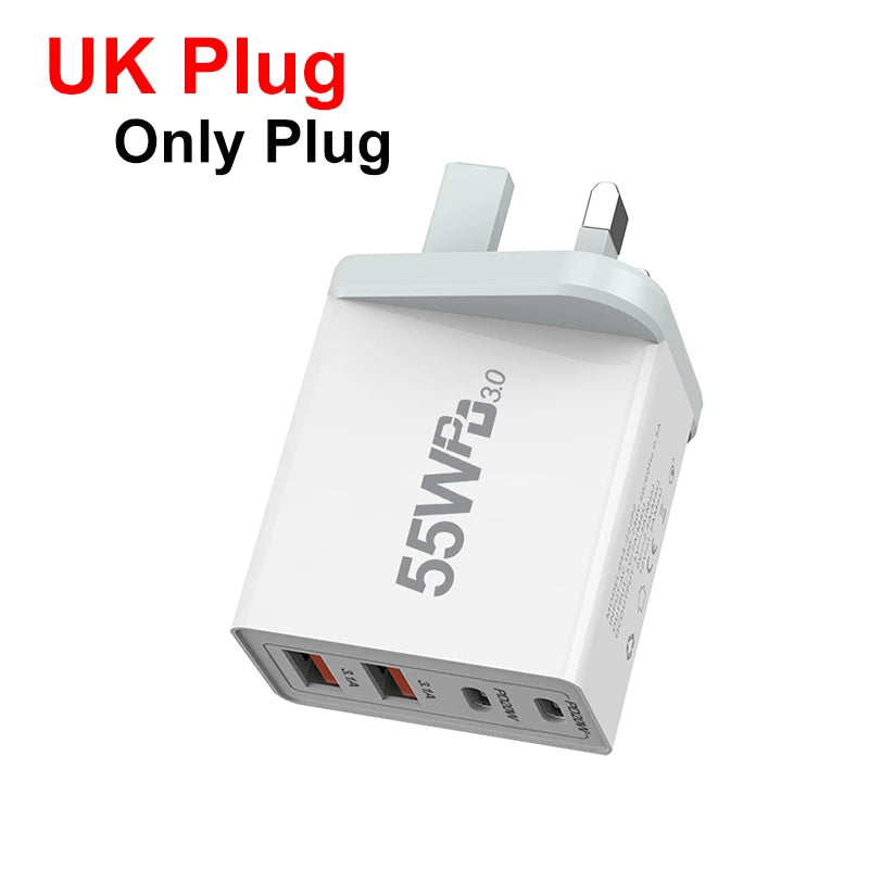High-Efficiency Quick Charge 3.0 USB Wall Charger with International Plugs for iPhone 13 Pro Max and Type C Devices.