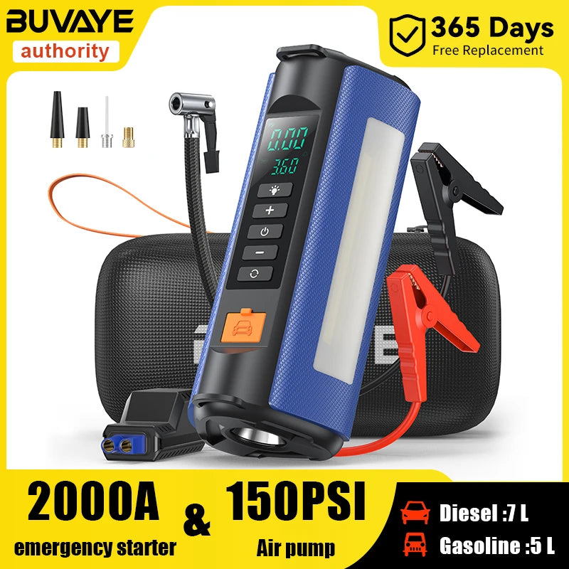 BUVAYE 2000A Professional Car Battery Jump Starter with Built-in 150PSI Air Pump and USB Power Bank for 12V Vehicles.