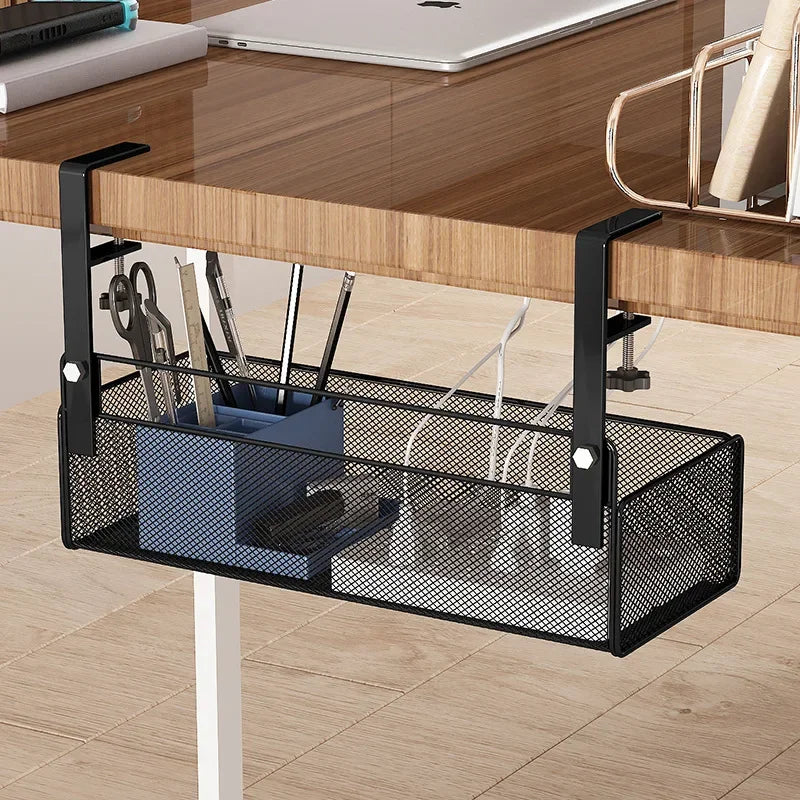 Adjustable Under-Desk Cable Management Tray with Clamp Mount for Professional and Home Environments.