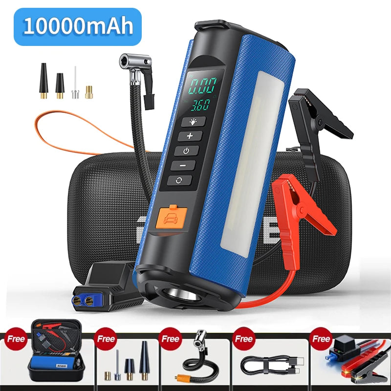BUVAYE 2000A Professional Car Battery Jump Starter with Built-in 150PSI Air Pump and USB Power Bank for 12V Vehicles.