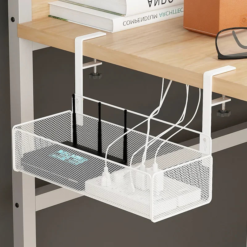 Adjustable Under-Desk Cable Management Tray with Clamp Mount for Professional and Home Environments.