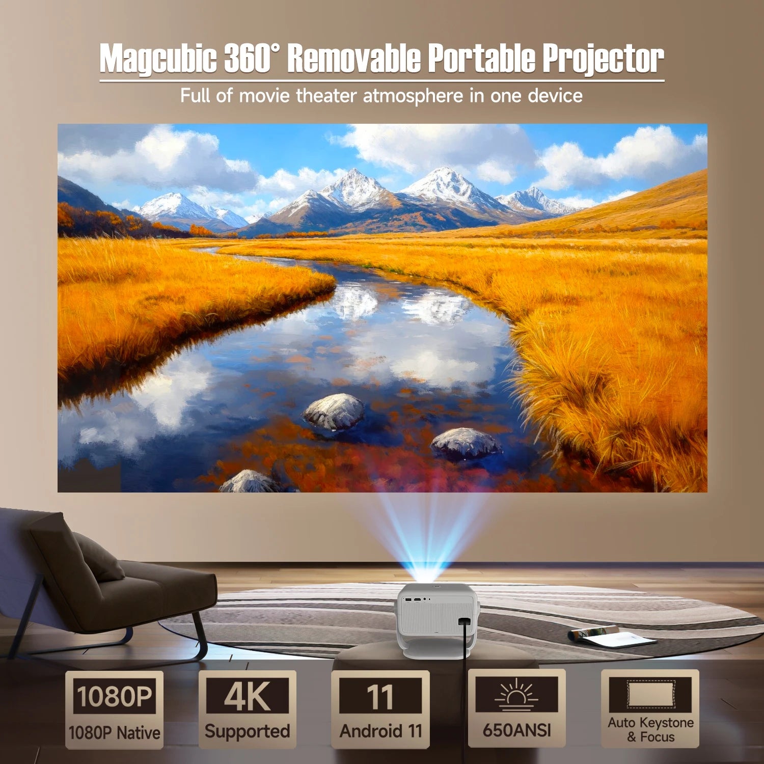Magcubic 4K Android 11 Projector L018 - Exceptional 1080P Clarity, 650 ANSI Lumens Brightness, Auto Keystone Correction, 360° Rotation, WiFi 6 & Bluetooth 5.2 for Ultimate Portable Entertainment.