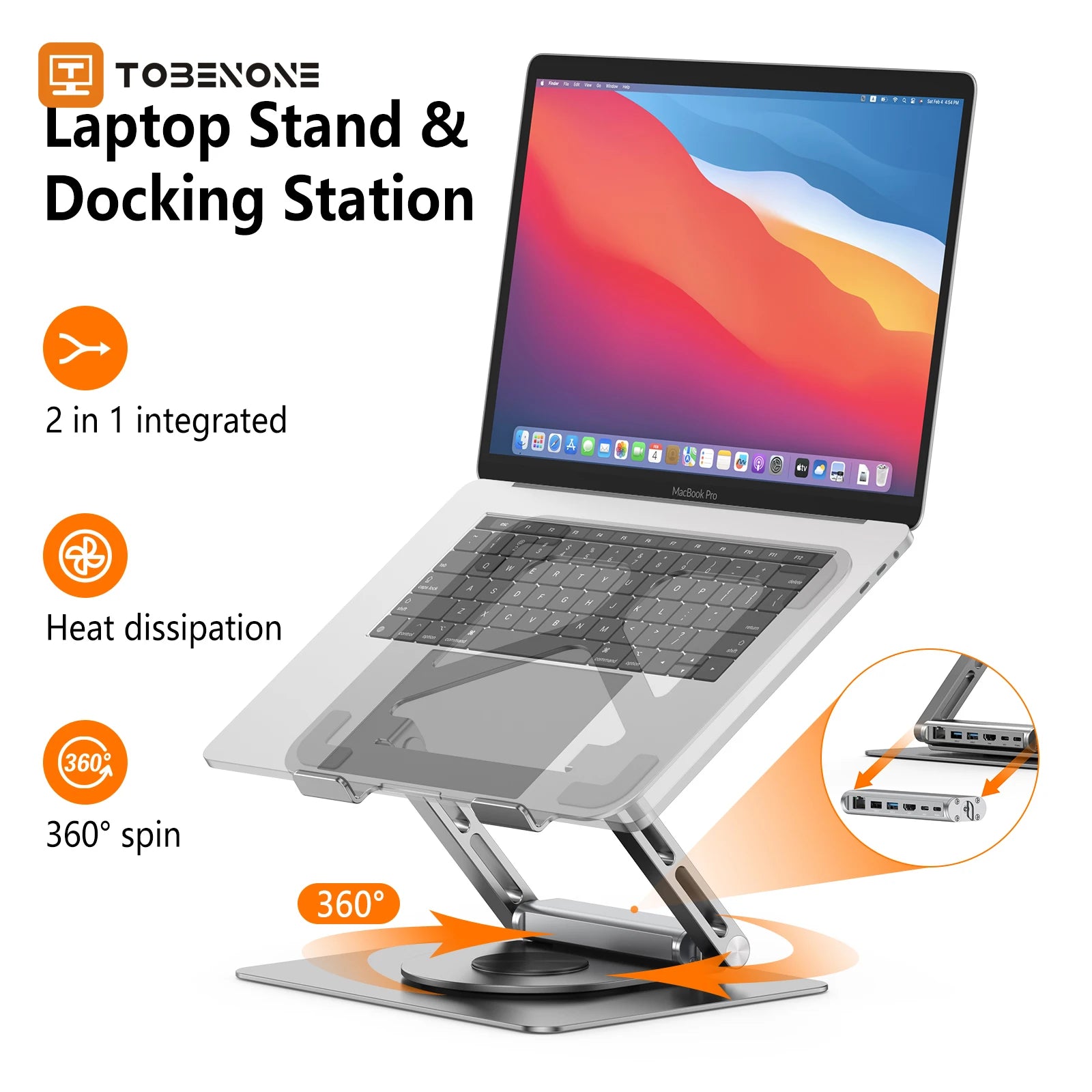 Laptop stand and docking station with laptop on a white background