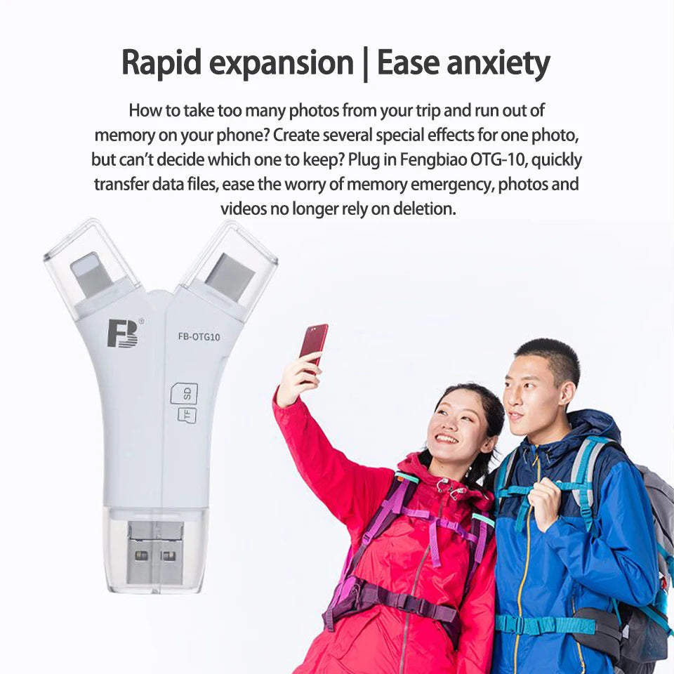 FB-OTG10 Y-Type Card Reader 4-In-1 Lightning Micro USB Type-C USB-A Port Supports TF SD Card for Data and Photo Transmission.