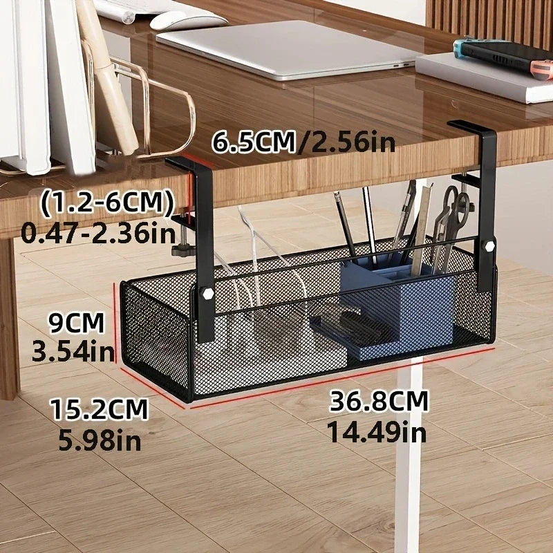 Adjustable Under-Desk Cable Management Tray with Clamp Mount for Professional and Home Environments.