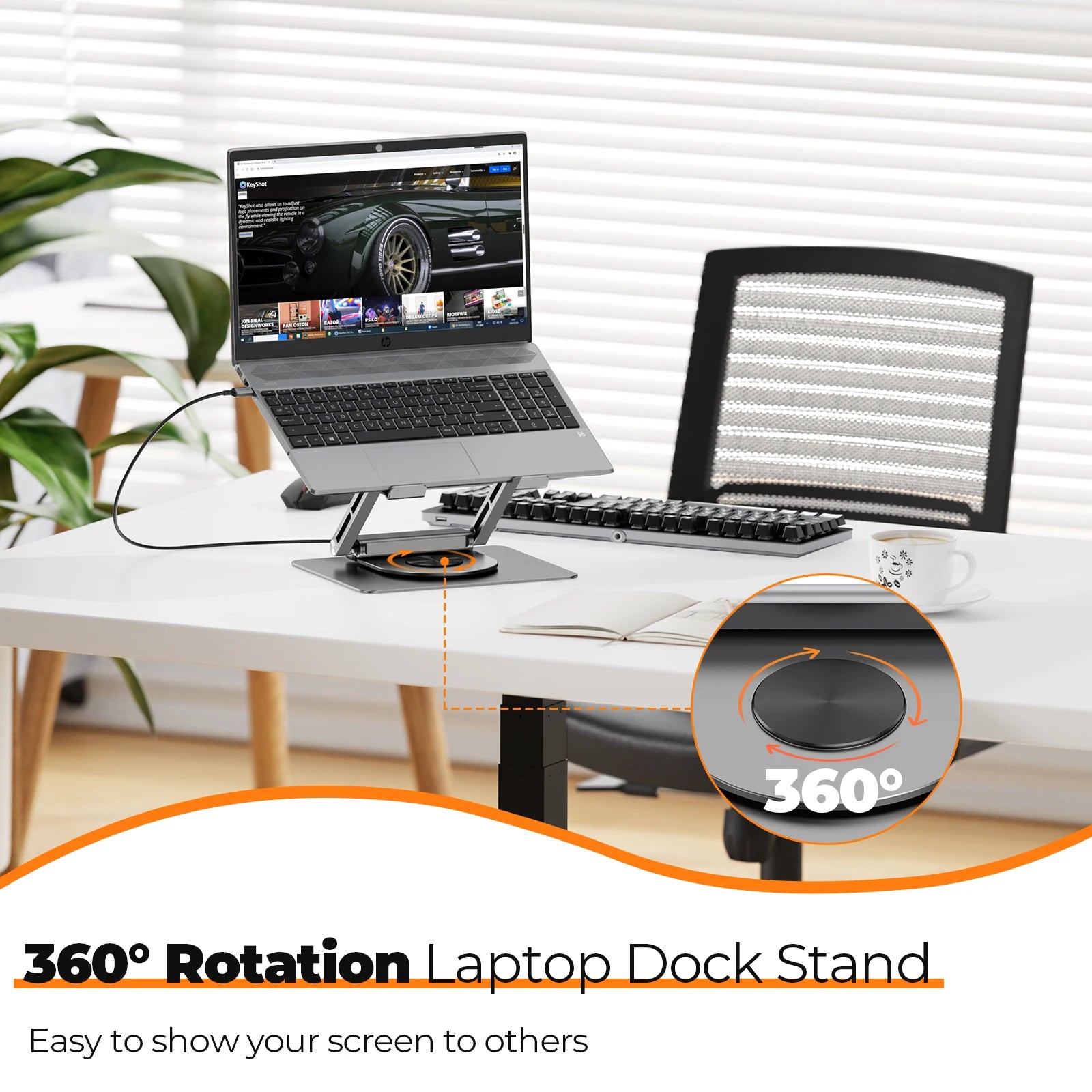 Laptop on a stand with a screen filter on a desk, featuring a 360-degree rotation feature.