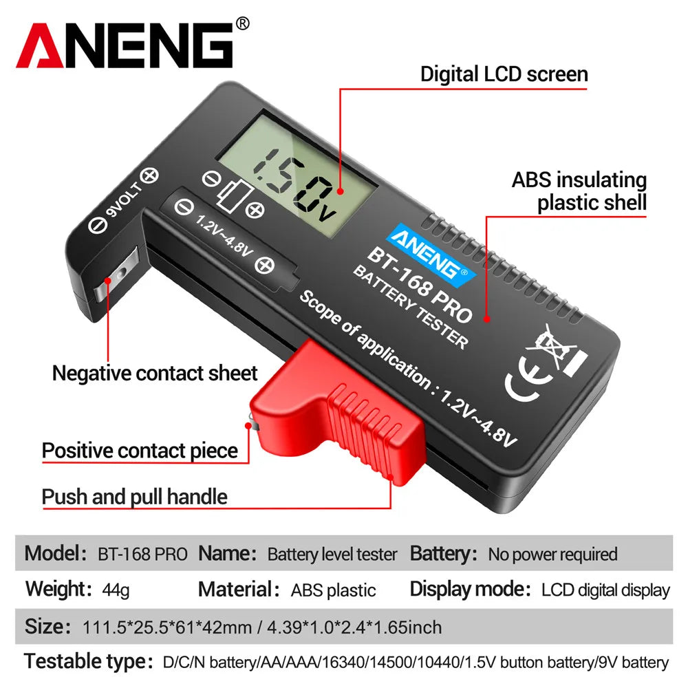 ANENG BT-168 PRO Digital Battery Tester: Accurate Capacity Assessment for AAA, AA, C, D, 9V, and Button Cells.