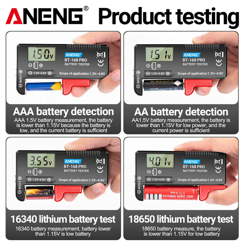 ANENG BT-168 PRO Digital Battery Tester: Accurate Capacity Assessment for AAA, AA, C, D, 9V, and Button Cells.