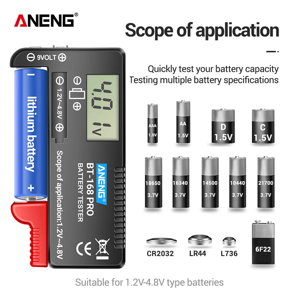 ANENG BT-168 PRO Digital Battery Tester: Accurate Capacity Assessment for AAA, AA, C, D, 9V, and Button Cells.