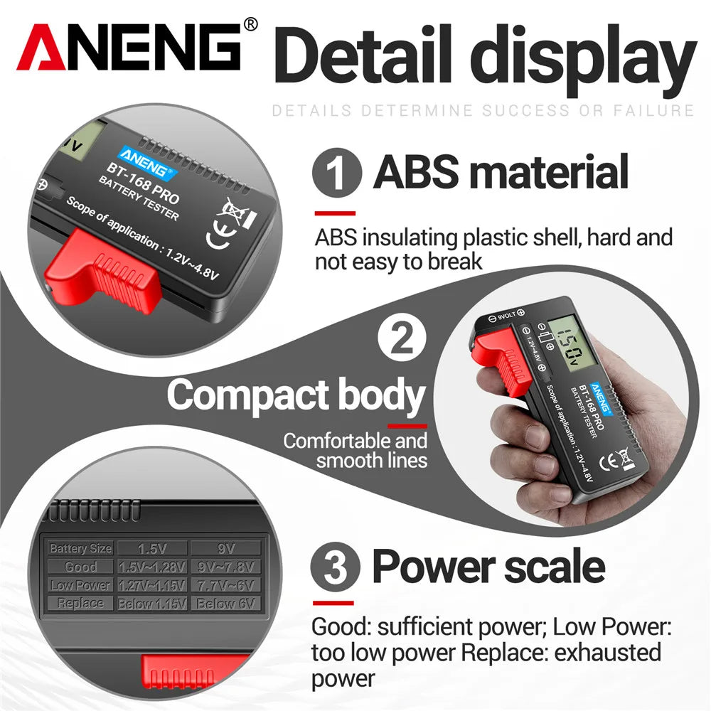 ANENG BT-168 PRO Digital Battery Tester: Accurate Capacity Assessment for AAA, AA, C, D, 9V, and Button Cells.
