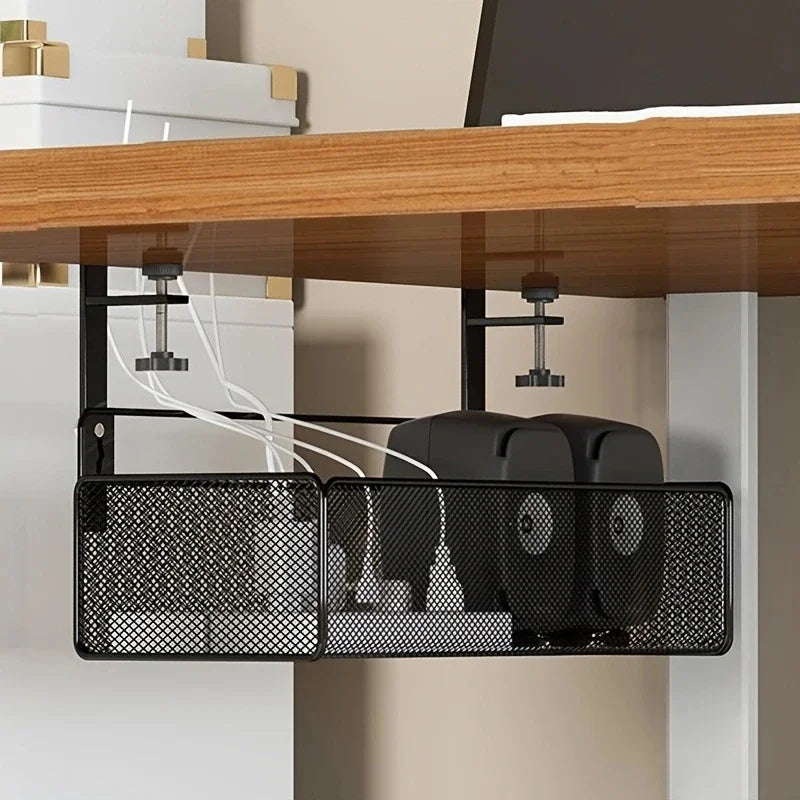 Adjustable Under-Desk Cable Management Tray with Clamp Mount for Professional and Home Environments.