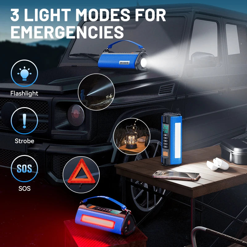 BUVAYE 2000A Professional Car Battery Jump Starter with Built-in 150PSI Air Pump and USB Power Bank for 12V Vehicles.