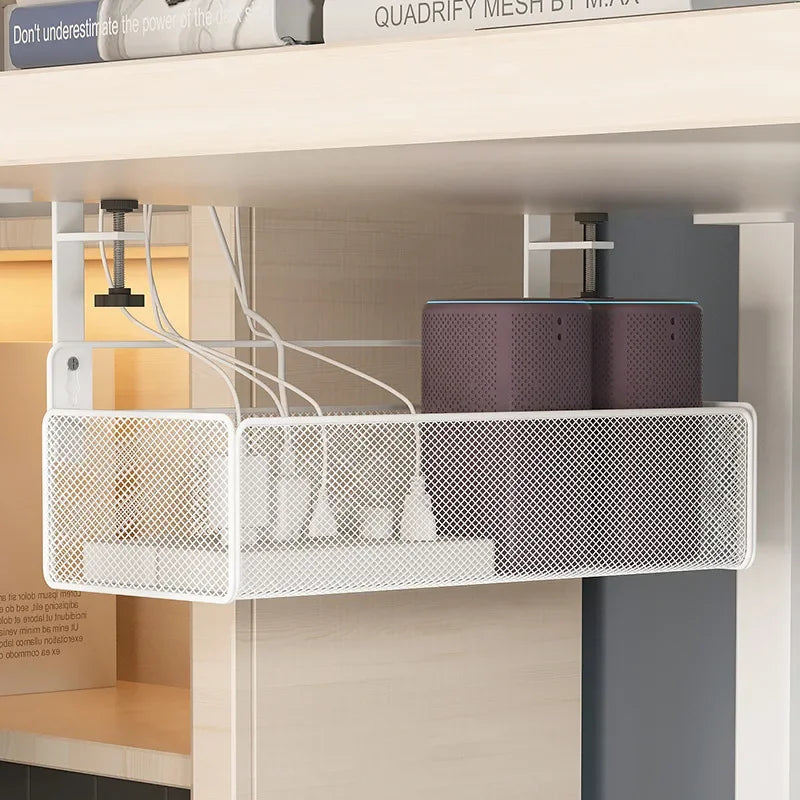 Adjustable Under-Desk Cable Management Tray with Clamp Mount for Professional and Home Environments.