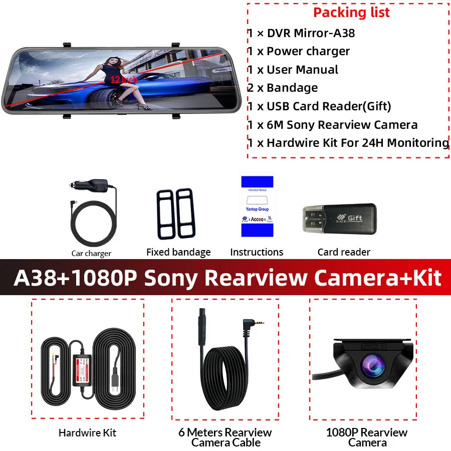 12-Inch Touch Screen Dash Cam and Rearview Camera System
