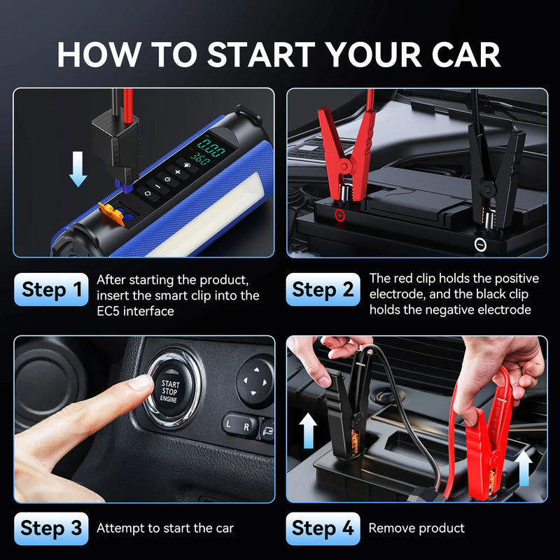 BUVAYE 2000A Professional Car Battery Jump Starter with Built-in 150PSI Air Pump and USB Power Bank for 12V Vehicles.