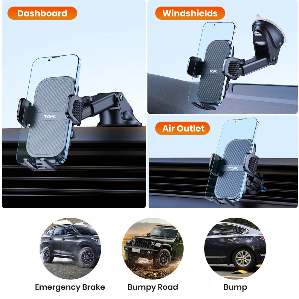TOPK Premium Automotive Smartphone Mount - Ultra-Stable Holder for Dashboard, Windscreen, and Air Vent Compatibility with All Smartphones.