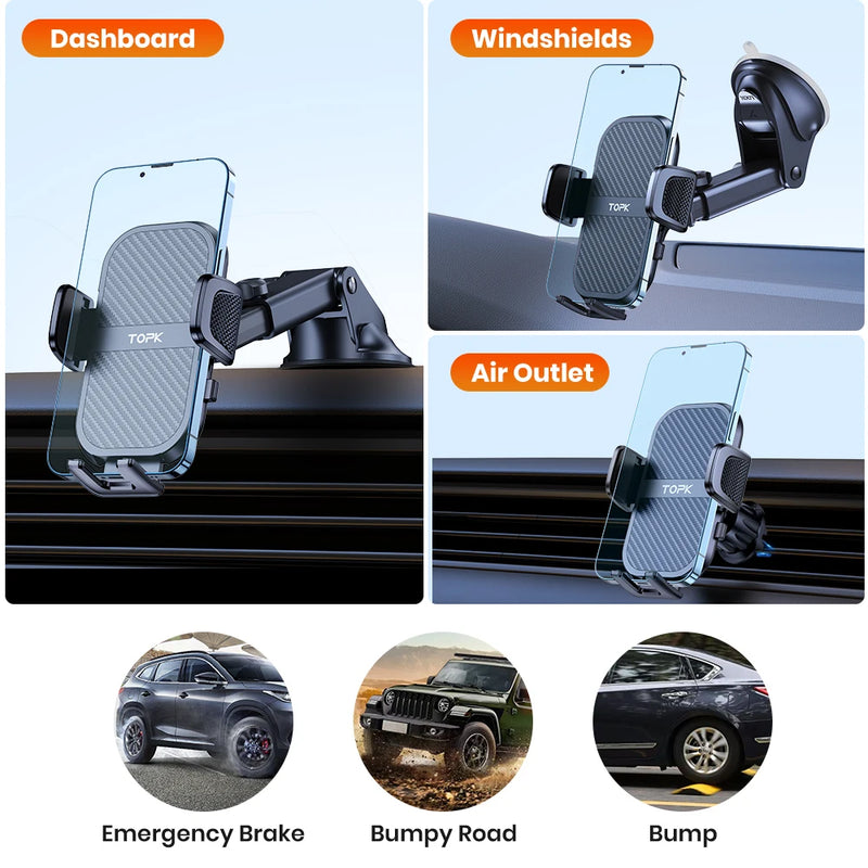TOPK Premium Automotive Smartphone Mount - Ultra-Stable Holder for Dashboard, Windscreen, and Air Vent Compatibility with All Smartphones.