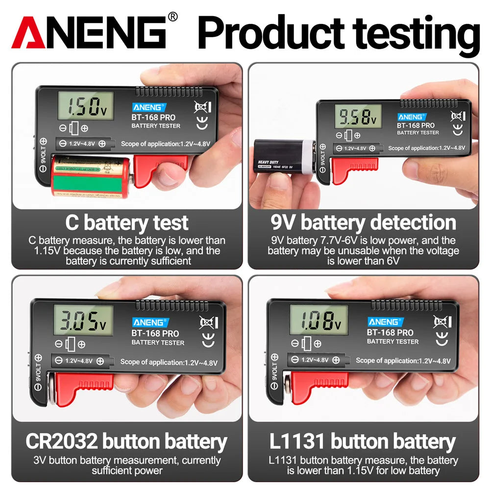 ANENG BT-168 PRO Digital Battery Tester: Accurate Capacity Assessment for AAA, AA, C, D, 9V, and Button Cells.