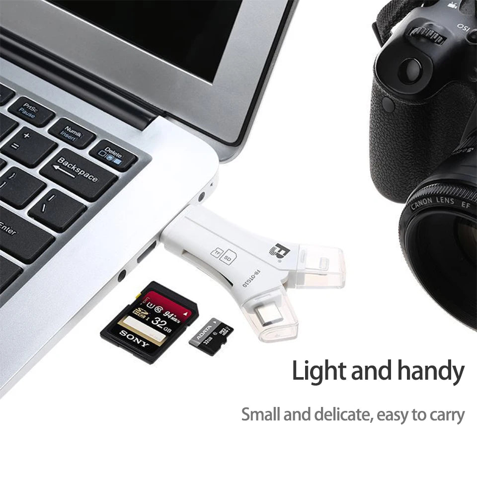 FB-OTG10 Y-Type Card Reader 4-In-1 Lightning Micro USB Type-C USB-A Port Supports TF SD Card for Data and Photo Transmission.