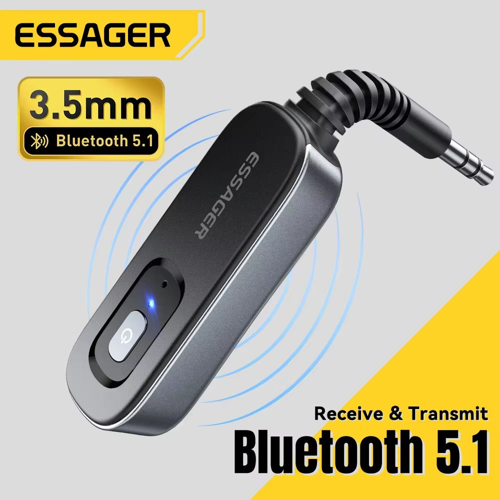 Bluetooth 5.1 Audio Receiver and Transmitter with 3.5mm AUX and Microphone for Wireless Stereo Music Streaming on PC, TV, and Car Speakers.