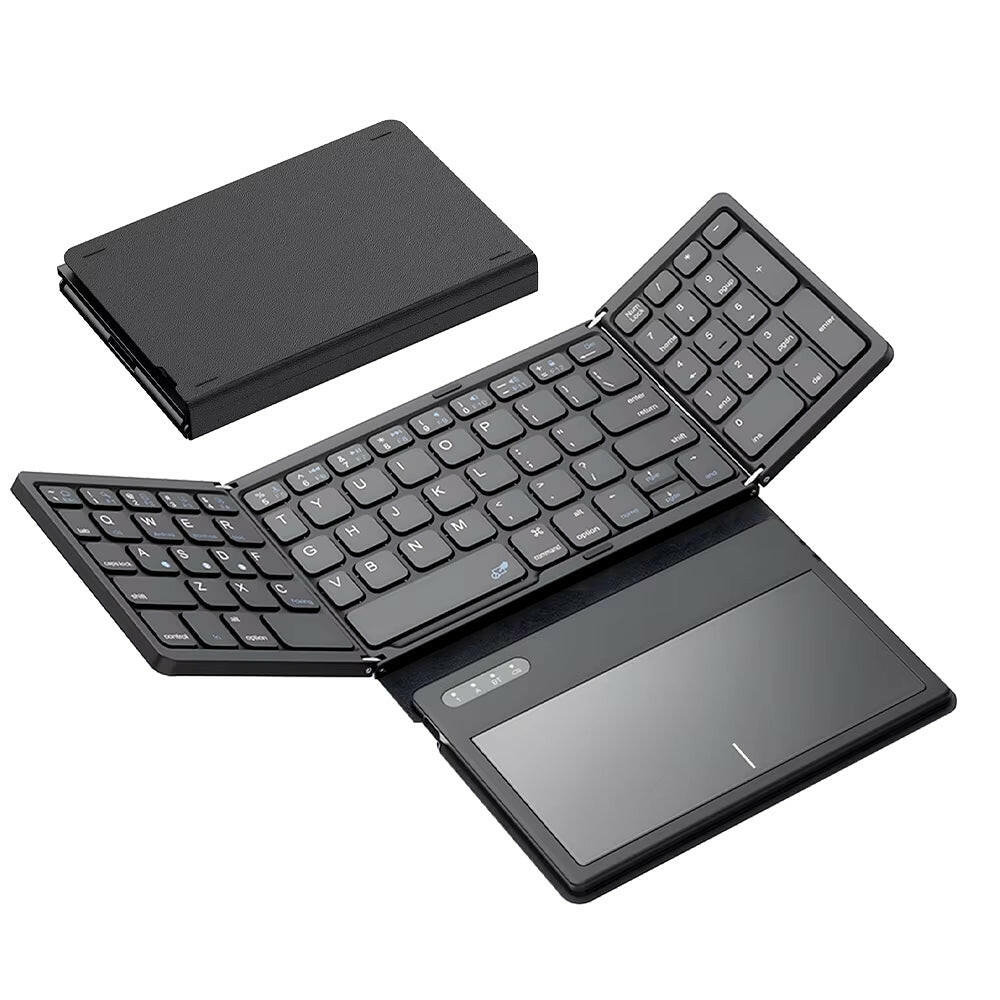 Portable Quadruple Folding Wireless Bluetooth Keyboard with Integrated Touchpad for Tablets and Smartphones across Windows, Android, and iOS Platforms.