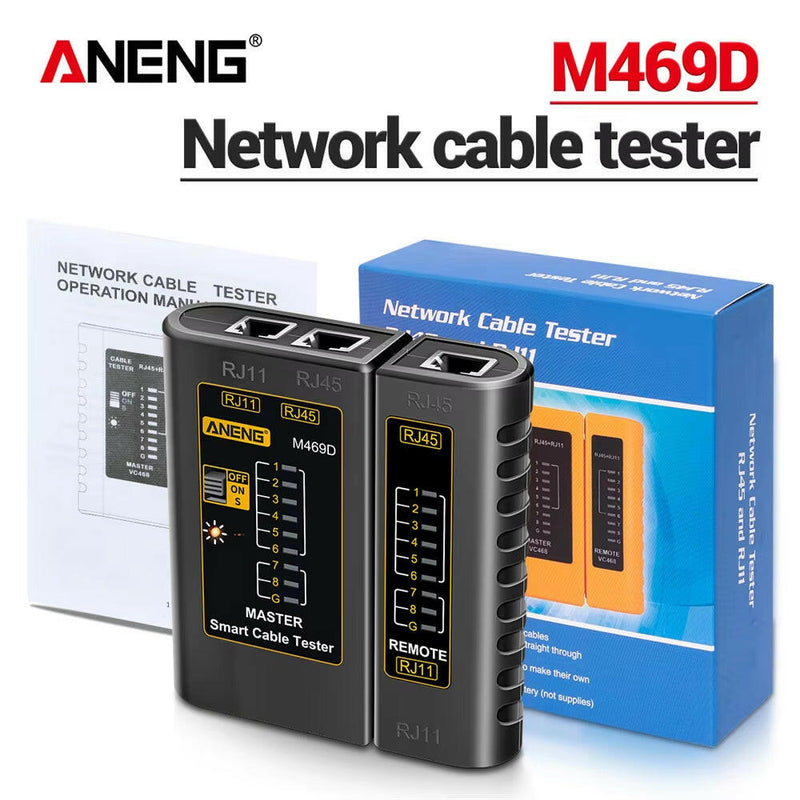 M469D Professional Network Cable Tester for RJ45, RJ11, RJ12, CAT5, and UTP - Essential Tool for Cable Diagnostics and Repair.