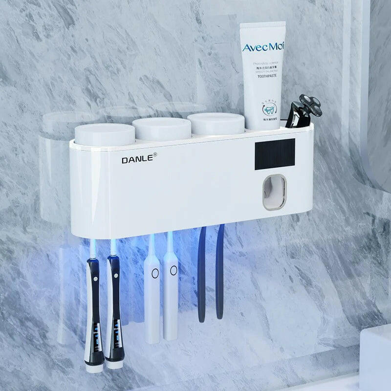 UV Toothbrush Sanitizer Holder with Rechargeable Wireless Design and Wall-Mounted Hands-Free Toothpaste Dispenser.