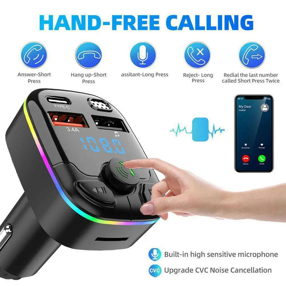 Bluetooth 5.0 Car FM Transmitter PD Type-C Dual USB Ambient Player MP3 Charger Type-C Wireless Light 18W Handsfree PD QC3.0 Y3Z4.