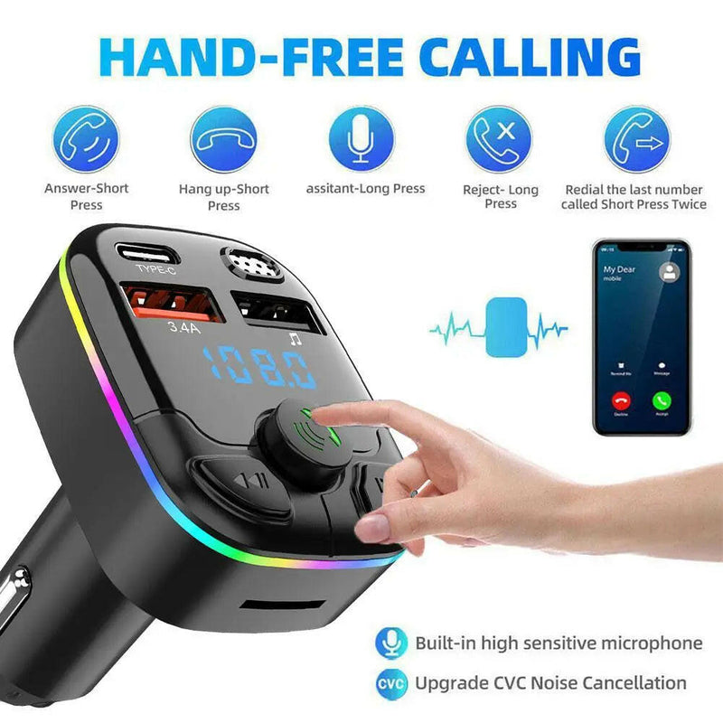 Bluetooth 5.0 Car FM Transmitter PD Type-C Dual USB Ambient Player MP3 Charger Type-C Wireless Light 18W Handsfree PD QC3.0 Y3Z4.