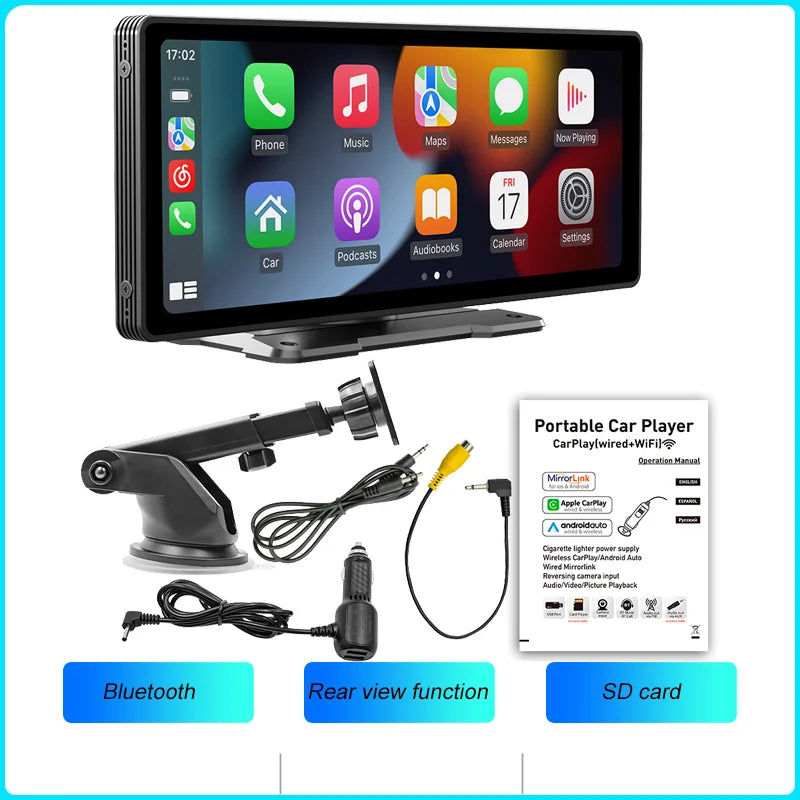 BQCC 10.26-Inch Portable Wireless CarPlay Display with HD Rearview Camera, Car Radio, DVR, MP5 Multimedia Video Player, and Android Auto Integration