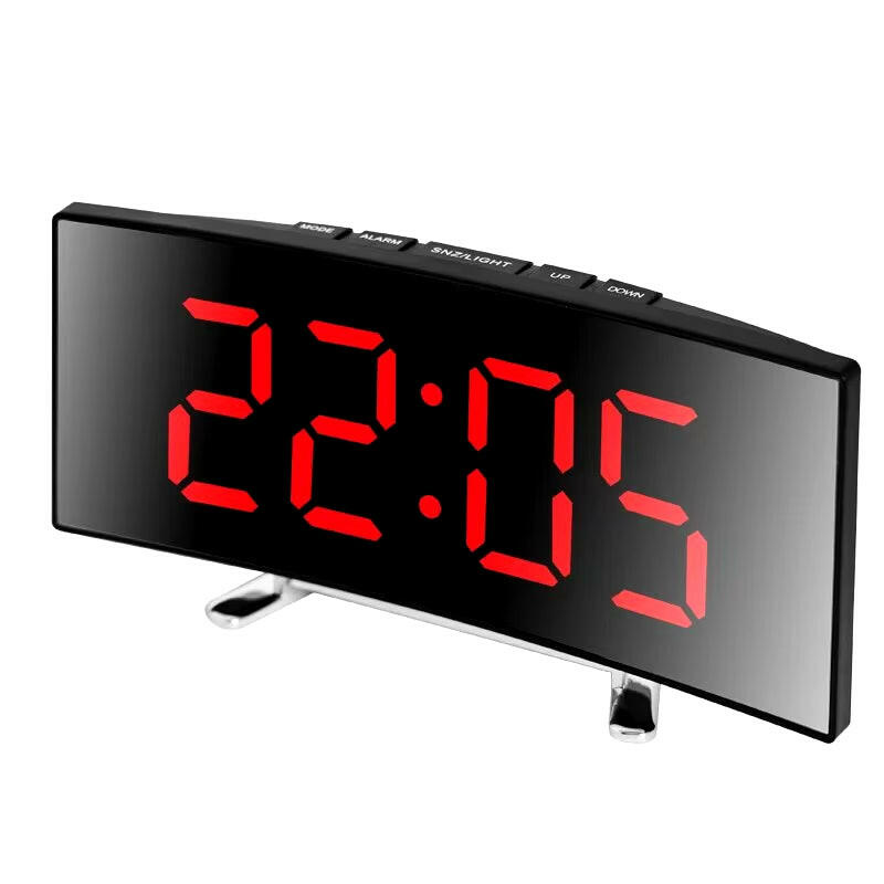 Creative Curved LED Alarm Clock with Dual-Purpose Mirror Design.