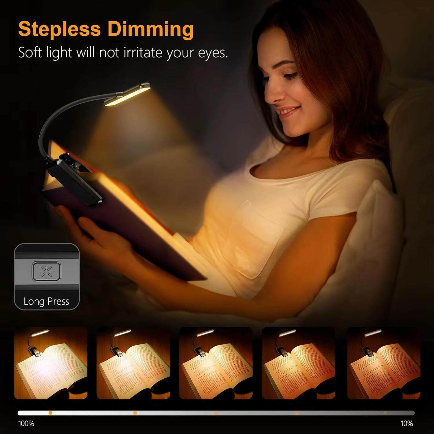 LED Rechargeable Clip-On Reading Light with Adjustable Dimming and Flexible Neck for Eye Comfort.