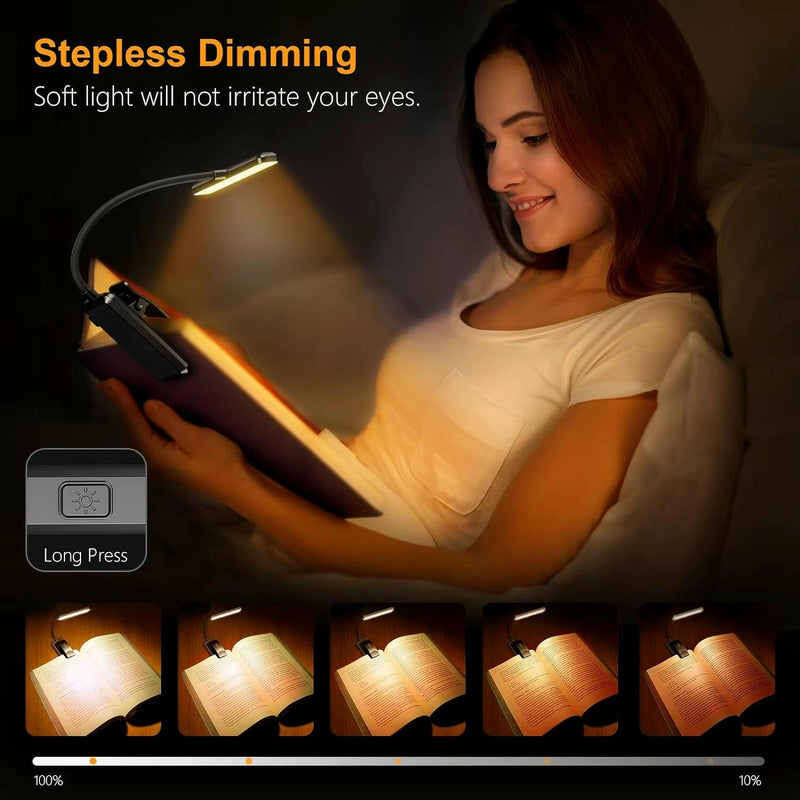 LED Rechargeable Clip-On Reading Light with Adjustable Dimming and Flexible Neck for Eye Comfort.