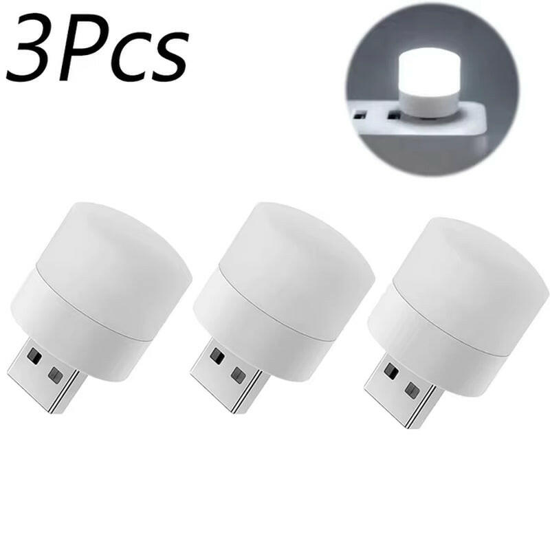 Three white USB light bulbs on a white background with an inset showing a close-up of one bulb.