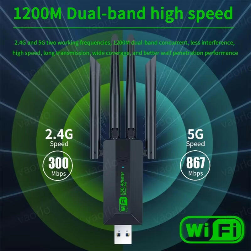Vaorlo 1200Mbps Dual Band Wi-Fi USB Adapter with 4 Antennas, 802.11AC, USB 3.0 High-Speed Wireless Receiver for PC and Laptop.