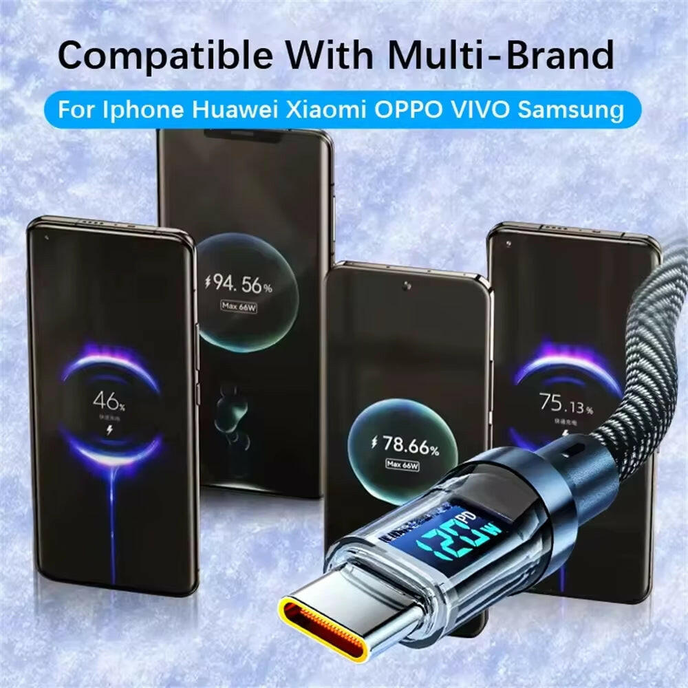 120W LED Digital Display USB Type-C Quick Charge Cable for OPPO, VIVO, and Huawei Fast Charging Data Transfer.